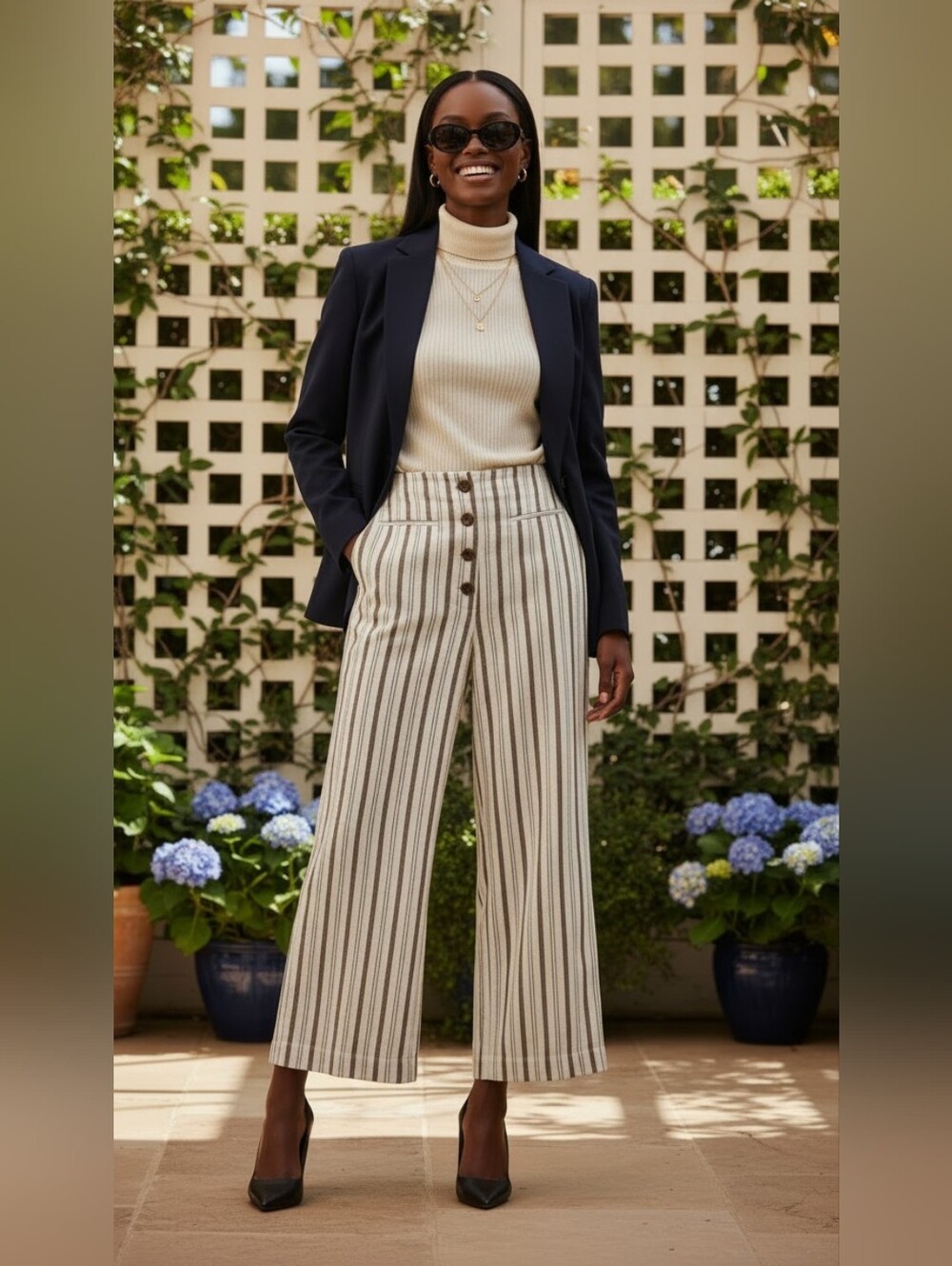 Ann Taylor Factory Striped Wide Leg Trouser Pants Linen Look Size 12 Cream
